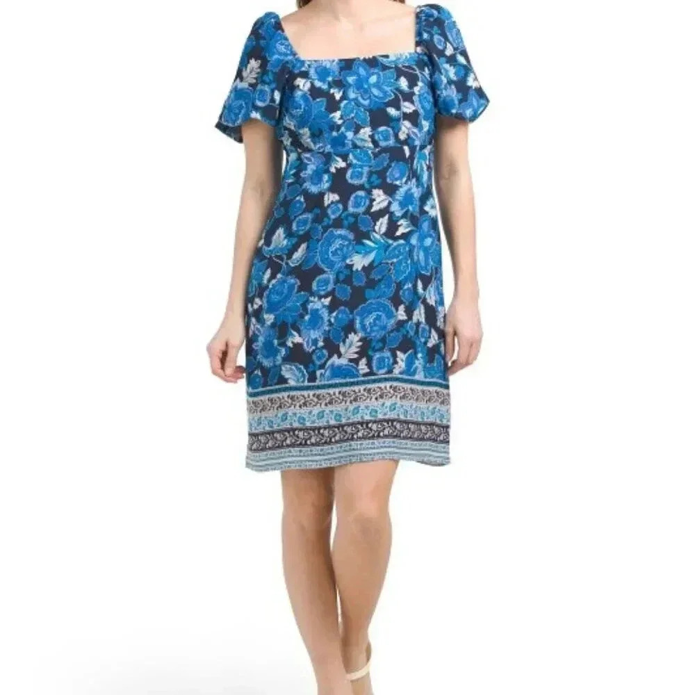 Julia Jordan Blue Square Neck Puff Sleeve Knee-Length Sundress